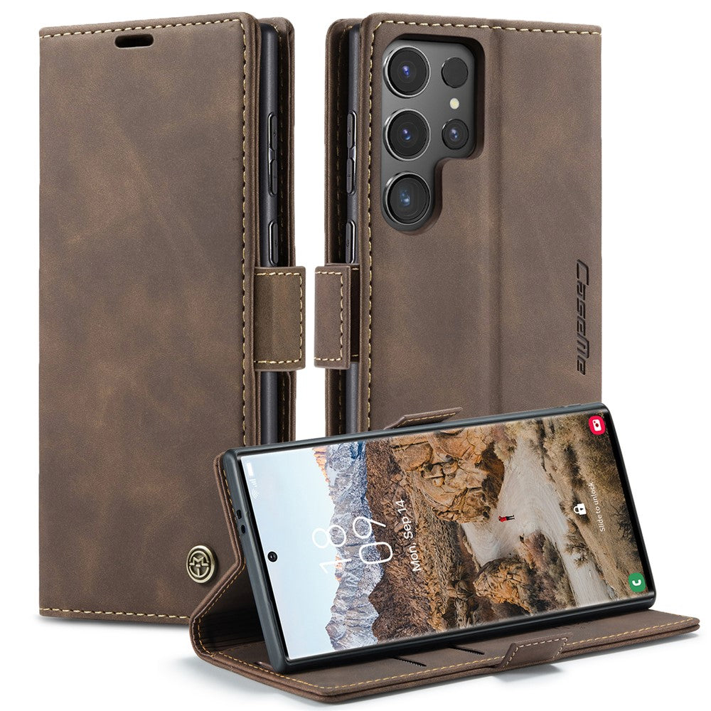 For Samsung Galaxy S24 Ultra Phone Case PU Leather Folio Stand Cover - Coffee