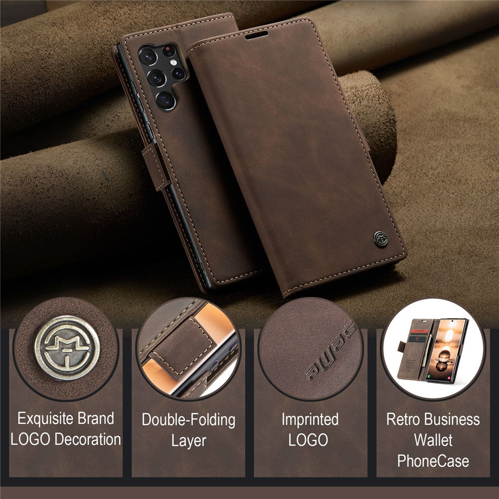 For Samsung Galaxy S24 Ultra Phone Case PU Leather Folio Stand Cover - Coffee