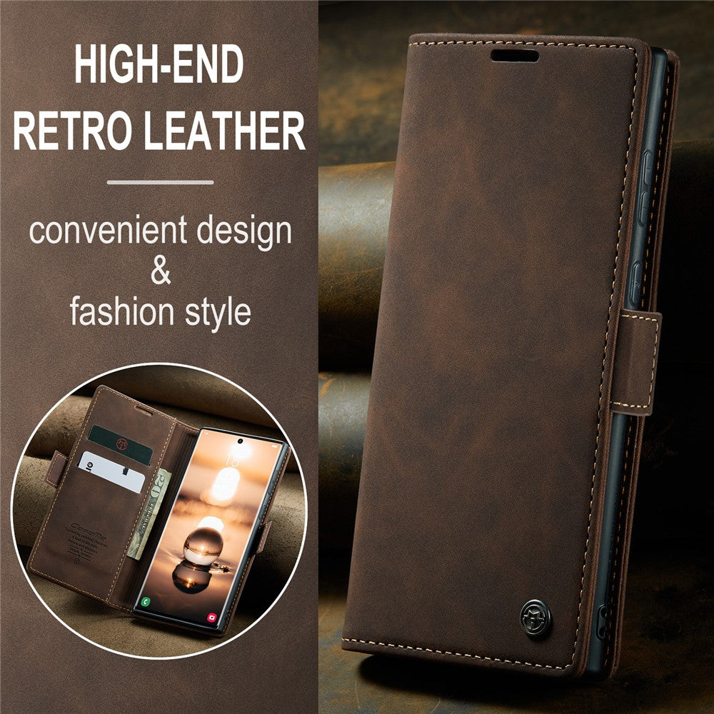 For Samsung Galaxy S24 Ultra Phone Case PU Leather Folio Stand Cover - Coffee
