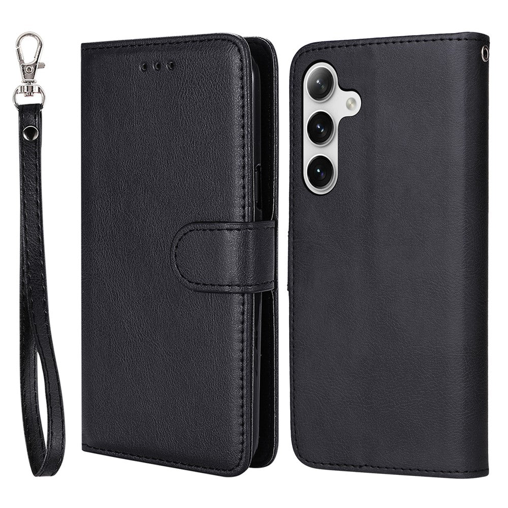 For Samsung Galaxy S25 / S24 Case 2 in 1 Detachable Magnetic Leather Wallet Mobile Cover with Strap - Black