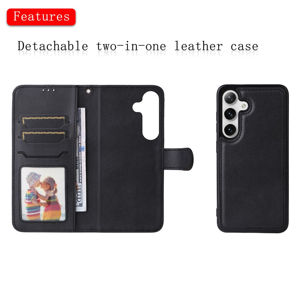 For Samsung Galaxy S25 / S24 Case 2 in 1 Detachable Magnetic Leather Wallet Mobile Cover with Strap - Black