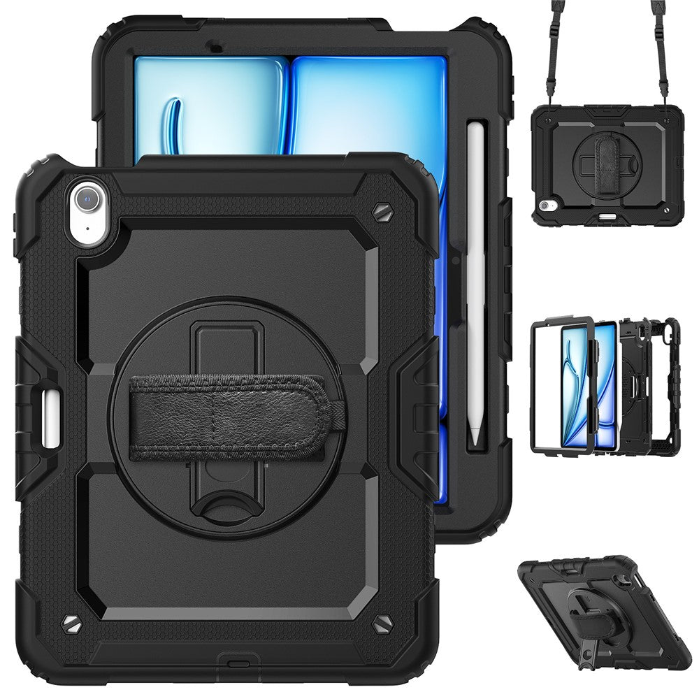 For iPad Air 11 (2025) / (2024) Case Rotating Kickstand PC+Silicone Tablet Cover with Screen Film / Shoulder Strap - Black