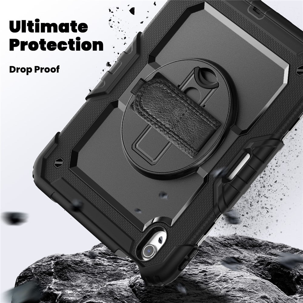 For iPad Air 11 (2025) / (2024) Case Rotating Kickstand PC+Silicone Tablet Cover with Screen Film / Shoulder Strap - Black