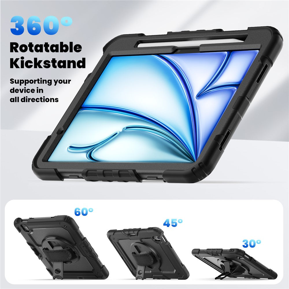 For iPad Air 11 (2025) / (2024) Case Rotating Kickstand PC+Silicone Tablet Cover with Screen Film / Shoulder Strap - Black