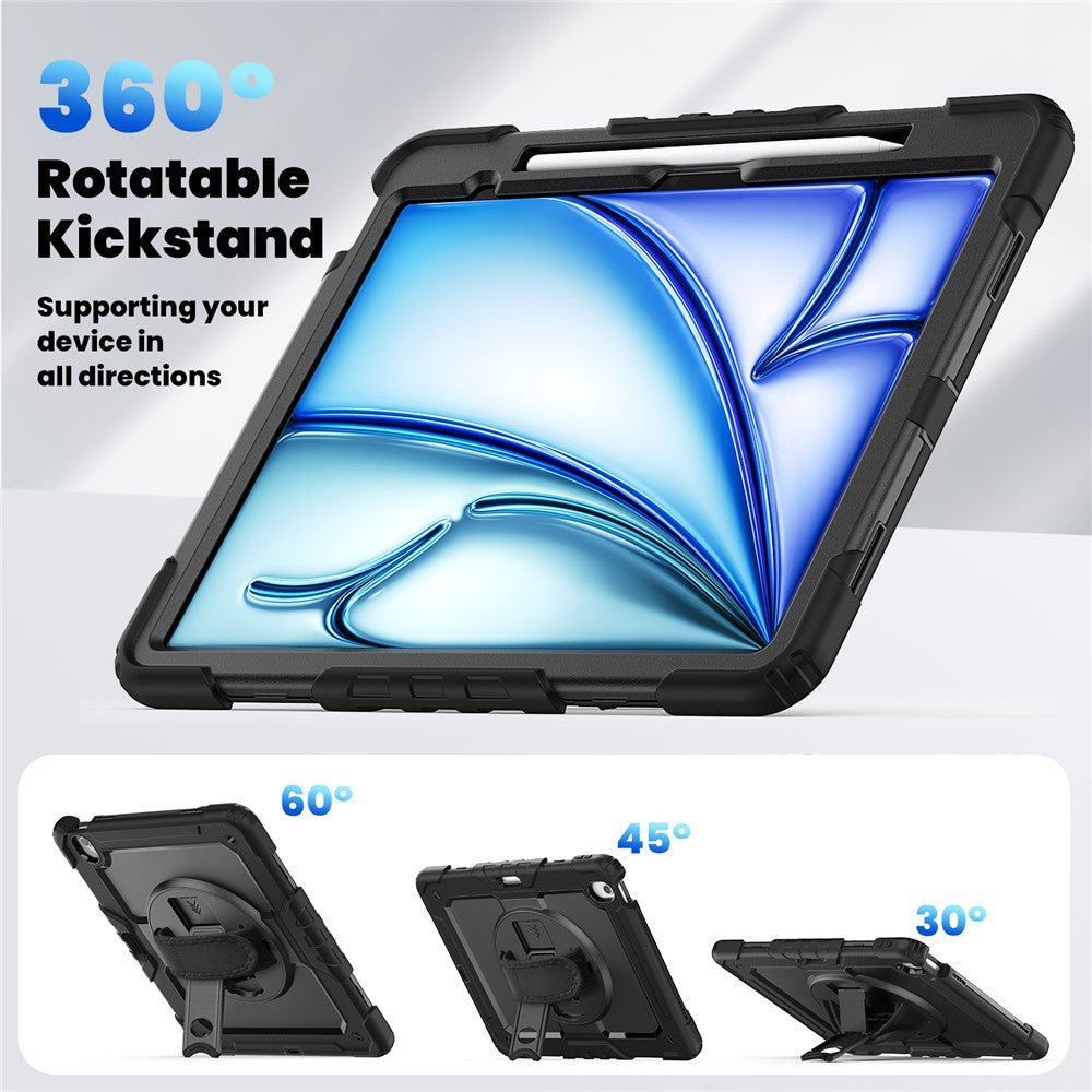 For iPad Air 13 (2025) / (2024) Case PC+Silicone Tablet Cover with PET Screen Protector / Shoulder Strap - Black