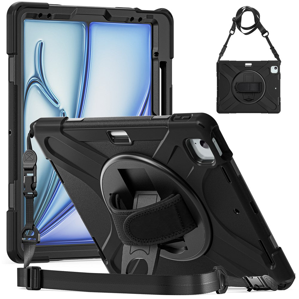 For iPad Air 13 (2025) / (2024) Kickstand Case TPU+PC+Silicone Tablet Cover with Shoulder Strap - Black