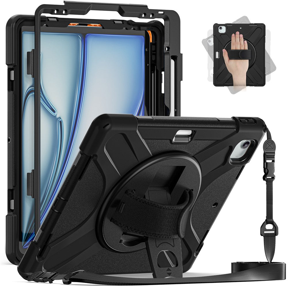 For iPad Air 13 (2025) / (2024) Kickstand Case TPU+PC+Silicone Tablet Cover with Shoulder Strap - Black
