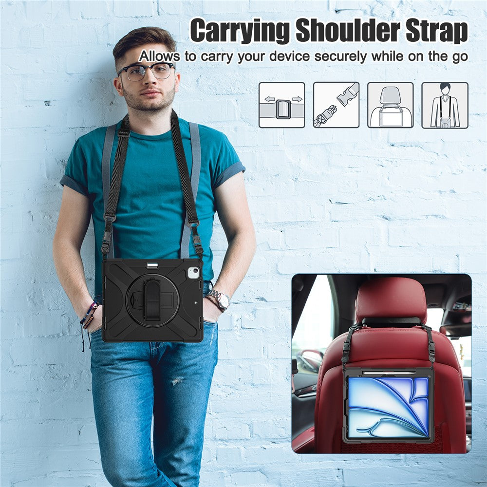 For iPad Air 13 (2025) / (2024) Kickstand Case TPU+PC+Silicone Tablet Cover with Shoulder Strap - Black