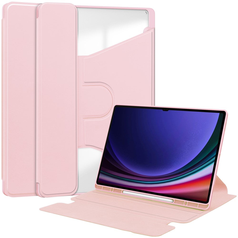For Samsung Galaxy Tab S10 Ultra Case 360° Rotary Stand PU Leather+Acrylic Tablet Cover (Without Keyboard) - Pink