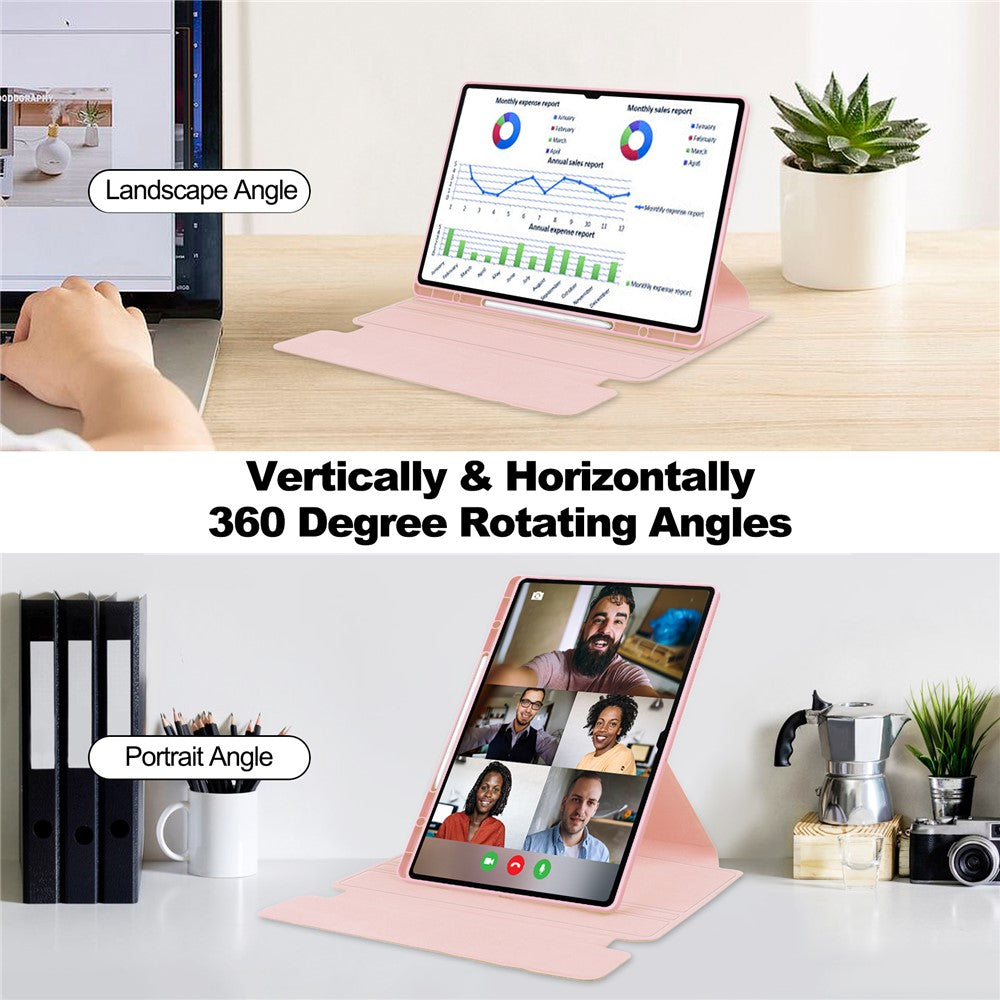 For Samsung Galaxy Tab S10 Ultra Case 360° Rotary Stand PU Leather+Acrylic Tablet Cover (Without Keyboard) - Pink