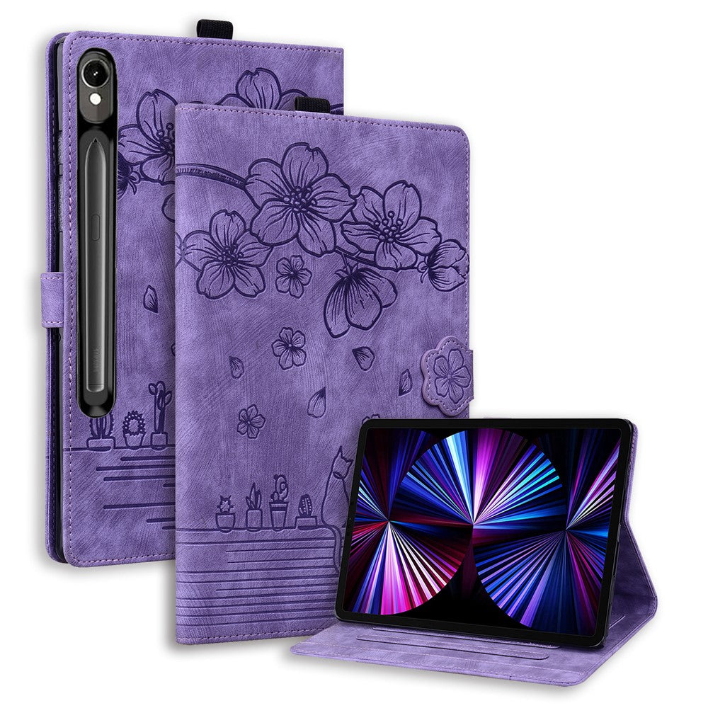 For Samsung Galaxy Tab S10 FE+ Case Card Slots Leather Tablet Stand Folio Cover Flower Cat - Purple