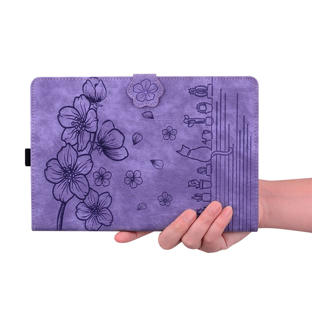 For Samsung Galaxy Tab S10 FE+ Case Card Slots Leather Tablet Stand Folio Cover Flower Cat - Purple