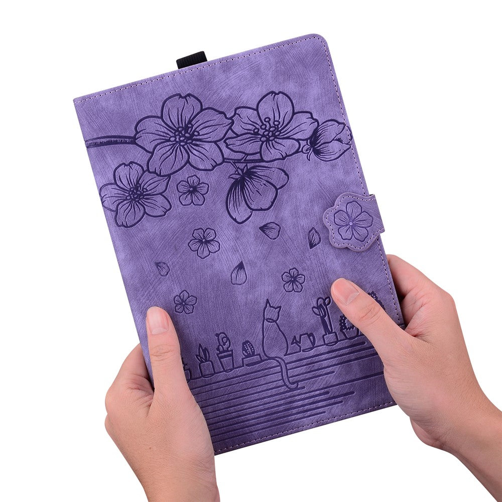 For Samsung Galaxy Tab S10 FE+ Case Card Slots Leather Tablet Stand Folio Cover Flower Cat - Purple