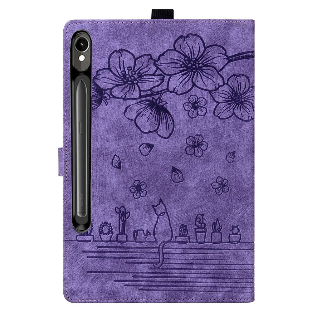 For Samsung Galaxy Tab S10 FE+ Case Card Slots Leather Tablet Stand Folio Cover Flower Cat - Purple
