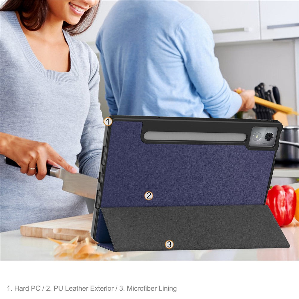 For Lenovo Idea Tab Pro Case Tri-Fold Stand Leather + PC Tablet Cover with Pen Holder - Dark Blue