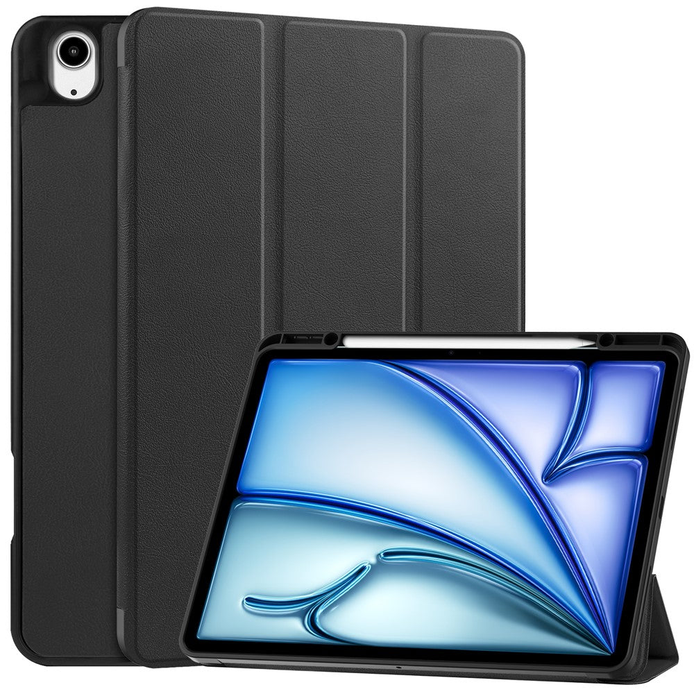 For iPad Air 13 (2025) / (2024) Stand Case Shock-Absorbent Leather Tablet Cover with Pen Slot - Black