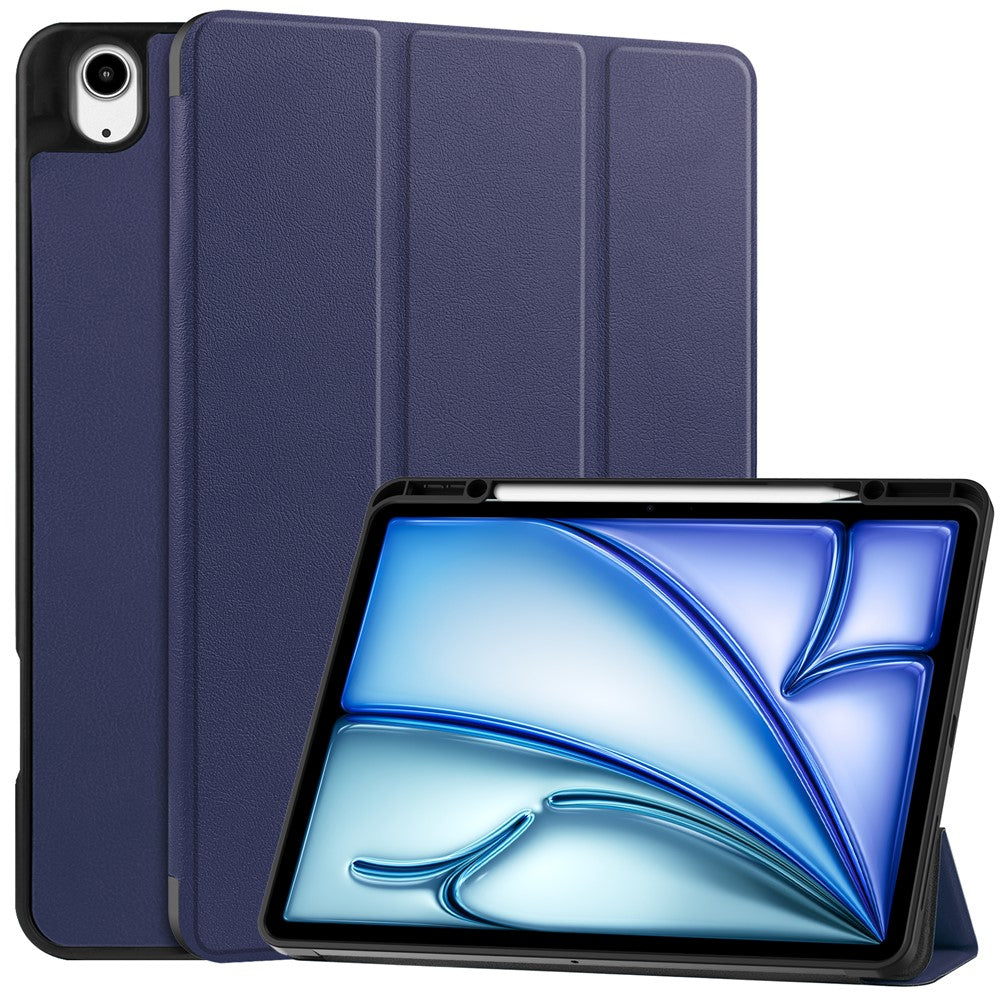 For iPad Air 13 (2025) / (2024) Stand Case Shock-Absorbent Leather Tablet Cover with Pen Slot - Dark Blue