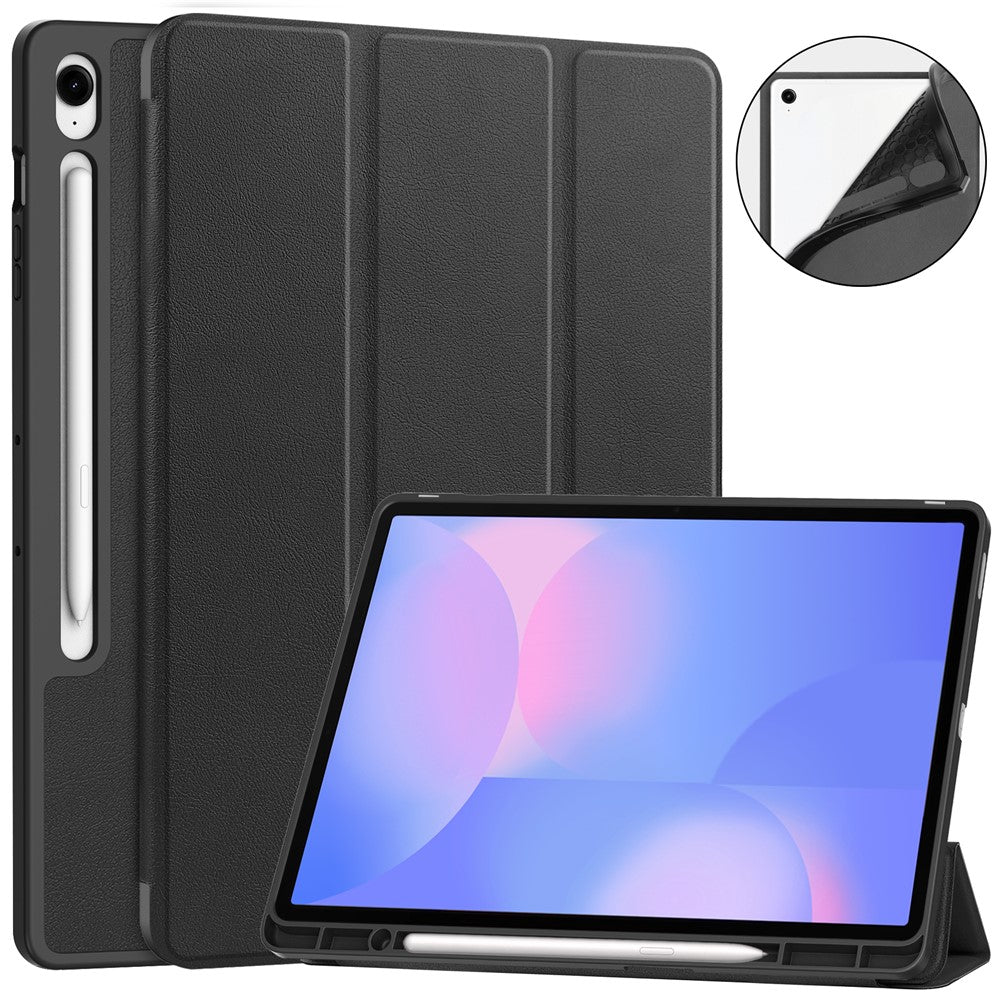 For Samsung Galaxy Tab S10 FE+ Stand Case Shock-Absorbent Leather Tablet Cover with Pen Slot - Black