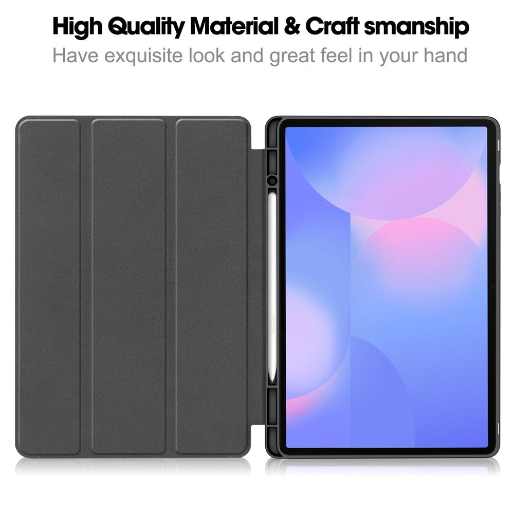 For Samsung Galaxy Tab S10 FE+ Stand Case Shock-Absorbent Leather Tablet Cover with Pen Slot - Black