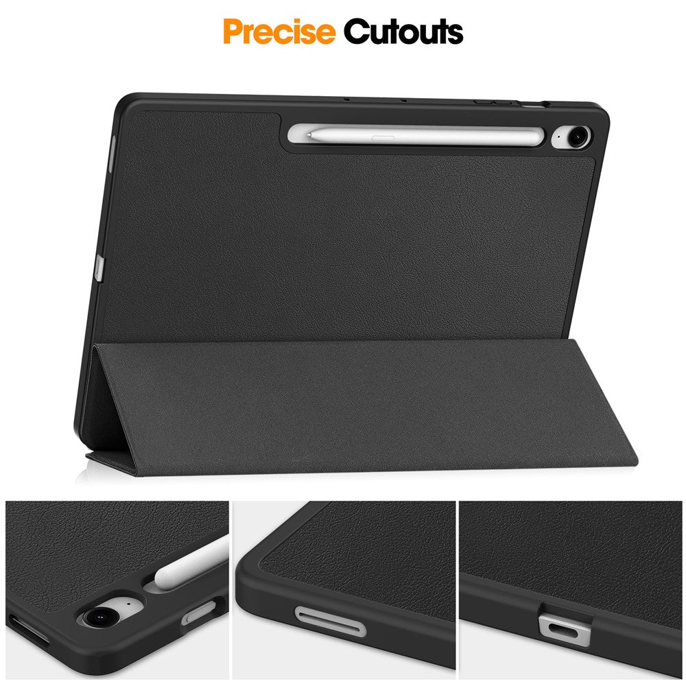 For Samsung Galaxy Tab S10 FE+ Stand Case Shock-Absorbent Leather Tablet Cover with Pen Slot - Black