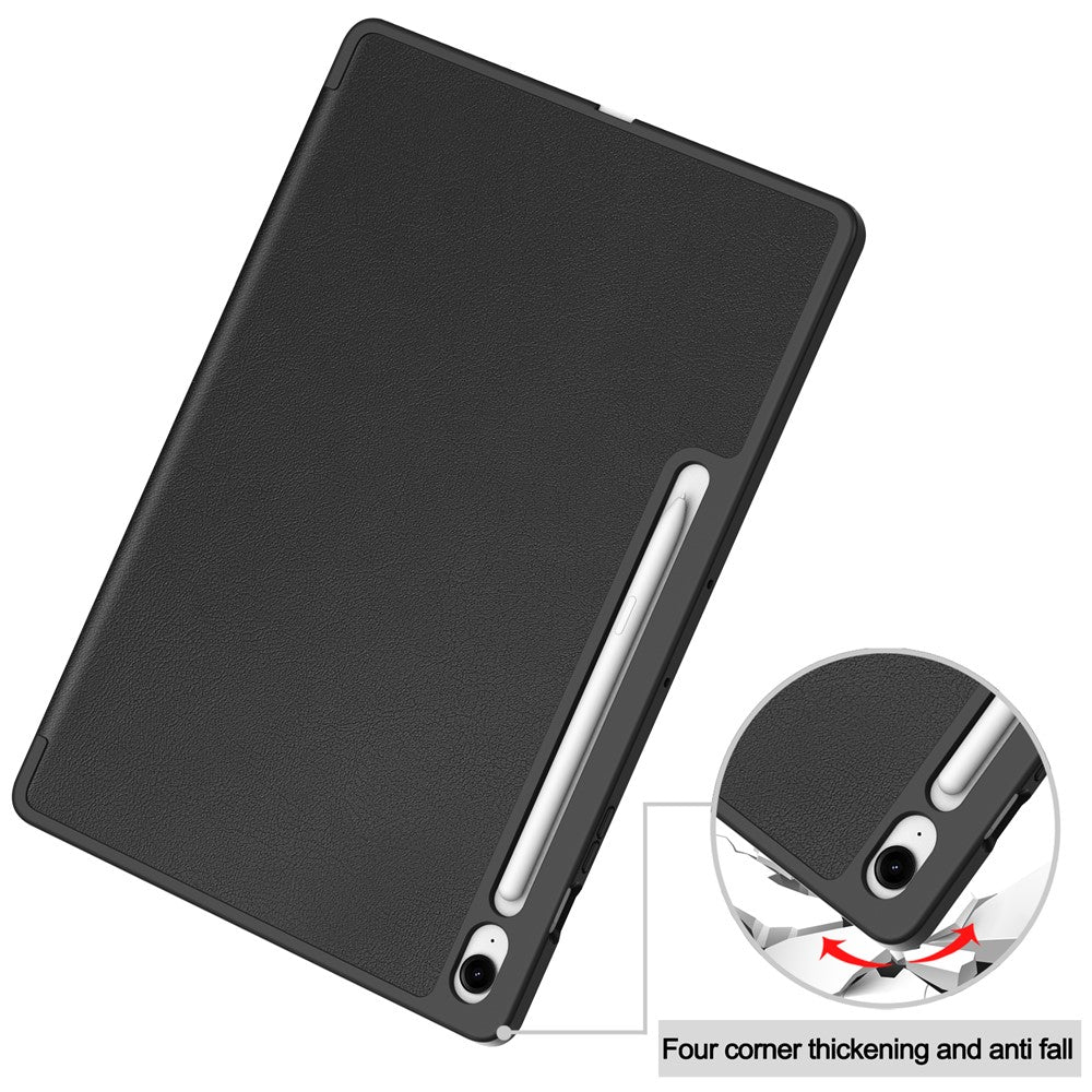 For Samsung Galaxy Tab S10 FE+ Stand Case Shock-Absorbent Leather Tablet Cover with Pen Slot - Black