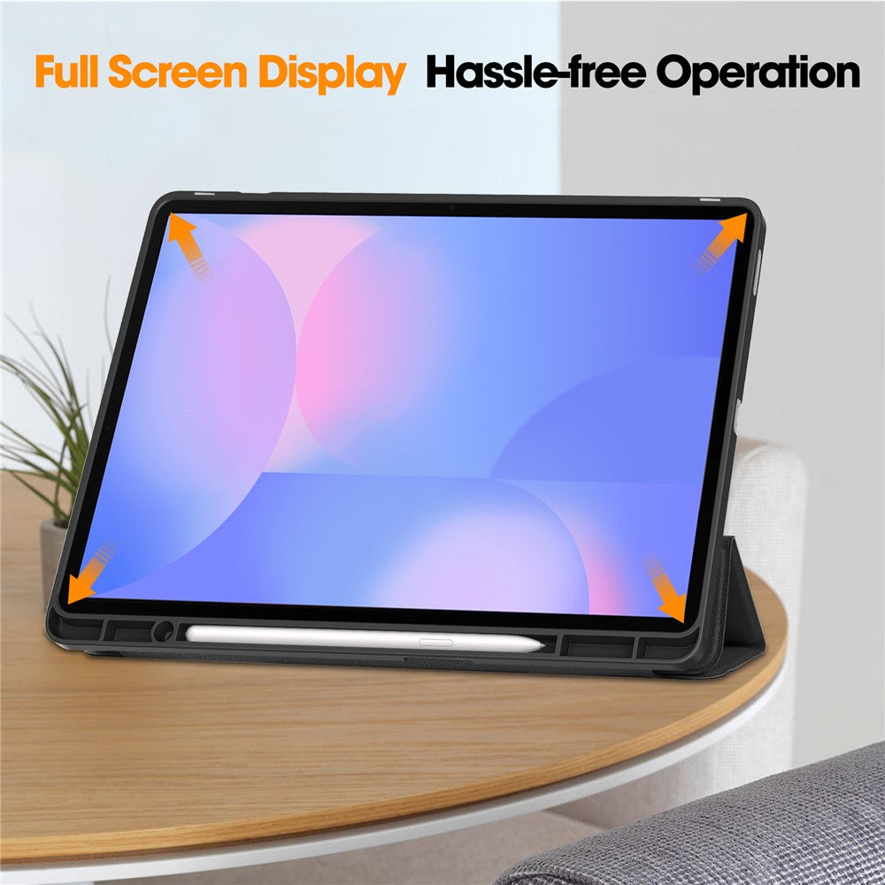 For Samsung Galaxy Tab S10 FE+ Stand Case Shock-Absorbent Leather Tablet Cover with Pen Slot - Black