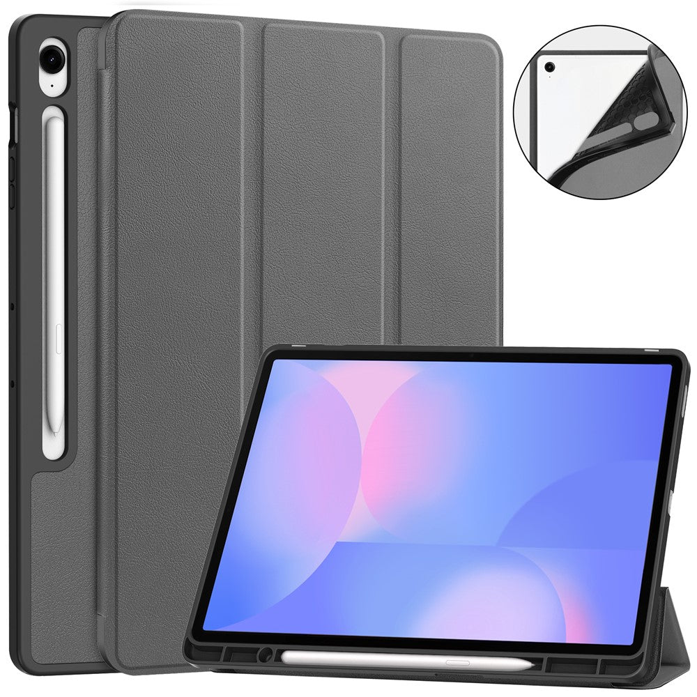 For Samsung Galaxy Tab S10 FE+ Stand Case Shock-Absorbent Leather Tablet Cover with Pen Slot - Grey