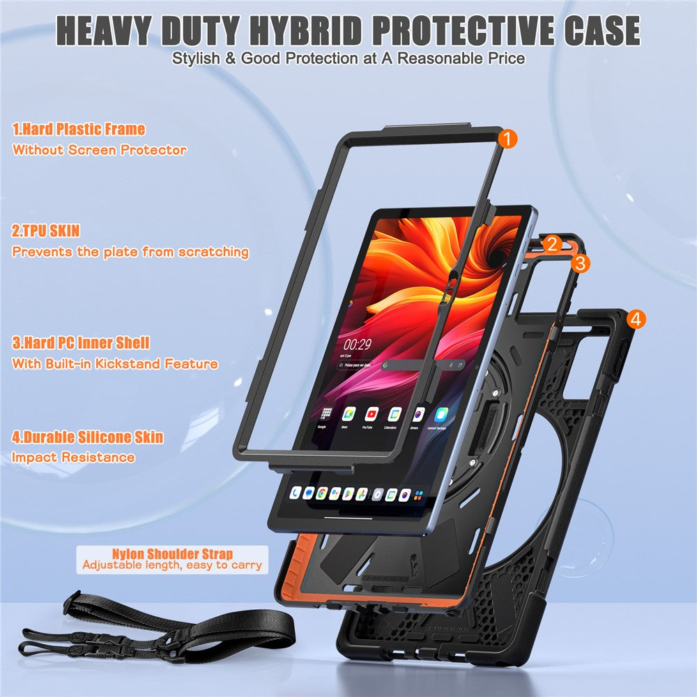 For Lenovo Tab K11 Plus / Zhaoyang K11 B352FU, TB230XC Kickstand Case TPU PC Silicone Tablet Cover with Shoulder Strap - Black