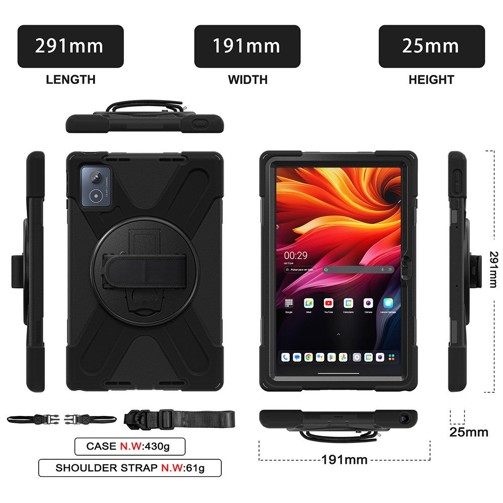 For Lenovo Tab K11 Plus / Zhaoyang K11 B352FU, TB230XC Kickstand Case TPU PC Silicone Tablet Cover with Shoulder Strap - Black