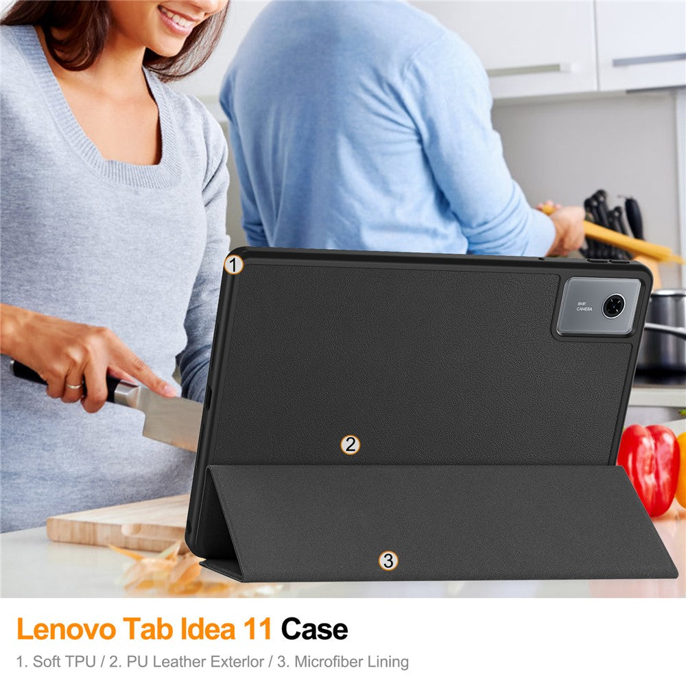 For Lenovo Tab K11 Gen 2 / Idea Tab / Xiaoxin Pad 11 2025 Stand Case Shock-Absorbent Leather Tablet Cover with Pen Slot - Black