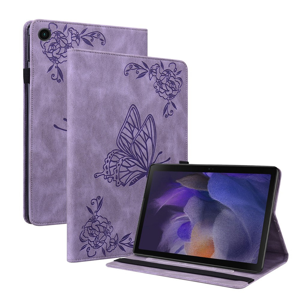 For Samsung Galaxy Tab A11 / A9 Case Butterfly Flower Imprint PU Leather Tablet Cover with Card Slots - Purple
