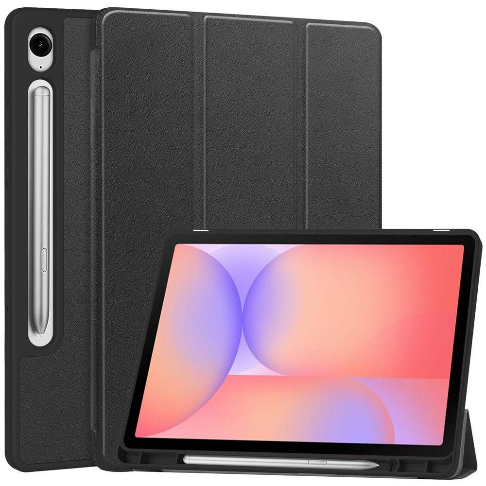 For Samsung Galaxy Tab S10 Lite Stand Case Shock-Absorbent Leather Tablet Cover with Pen Slot - Black