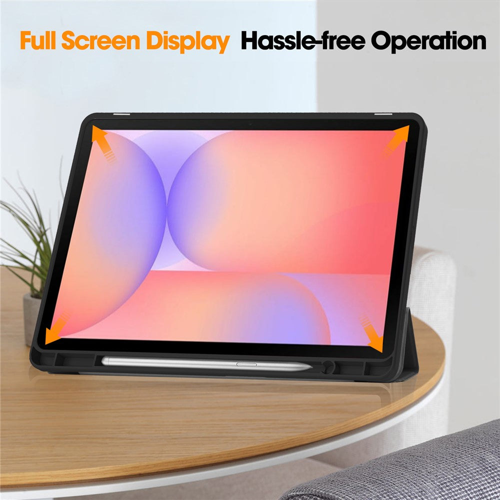 For Samsung Galaxy Tab S10 Lite Stand Case Shock-Absorbent Leather Tablet Cover with Pen Slot - Black
