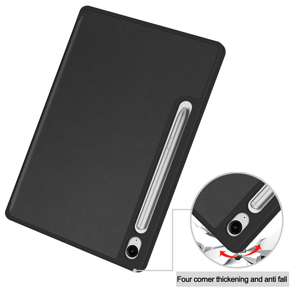 For Samsung Galaxy Tab S10 Lite Stand Case Shock-Absorbent Leather Tablet Cover with Pen Slot - Black