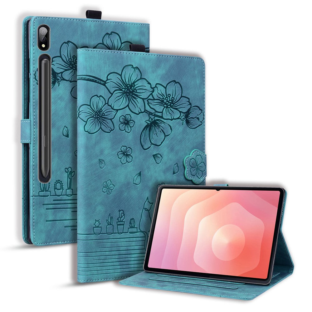For Samsung Galaxy Tab S11 Ultra Case Card Slots Leather Tablet Stand Folio Cover Flower Cat - Green