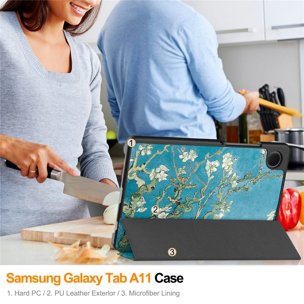 For Samsung Galaxy Tab A11 / A9 Case Pattern Print Leather Stand Tablet Cover - Apricot