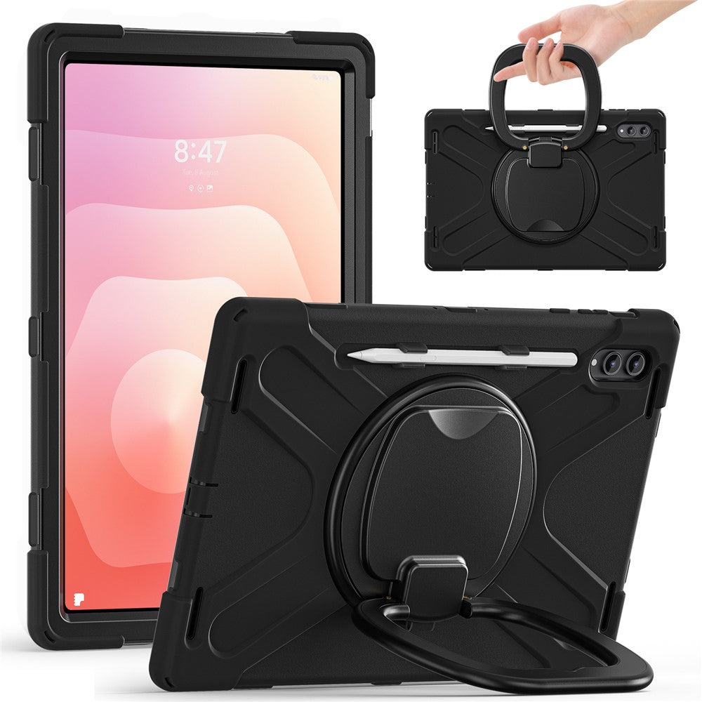 For Samsung Galaxy Tab S11 Ultra Case TPU + PC + Silicone Tablet Cover Swivel Kickstand Handle Grip - Black