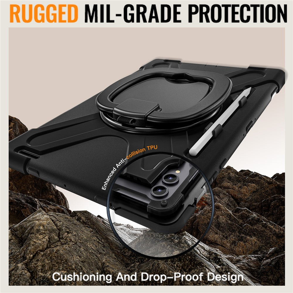 For Samsung Galaxy Tab S11 Ultra Case TPU + PC + Silicone Tablet Cover Swivel Kickstand Handle Grip - Black