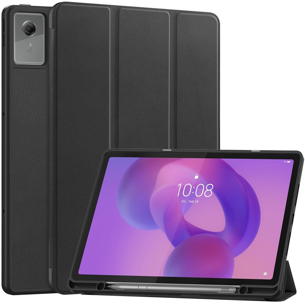 For Lenovo Idea Tab Plus Stand Case Shock-Absorbent Leather Tablet Cover with Pen Slot - Black