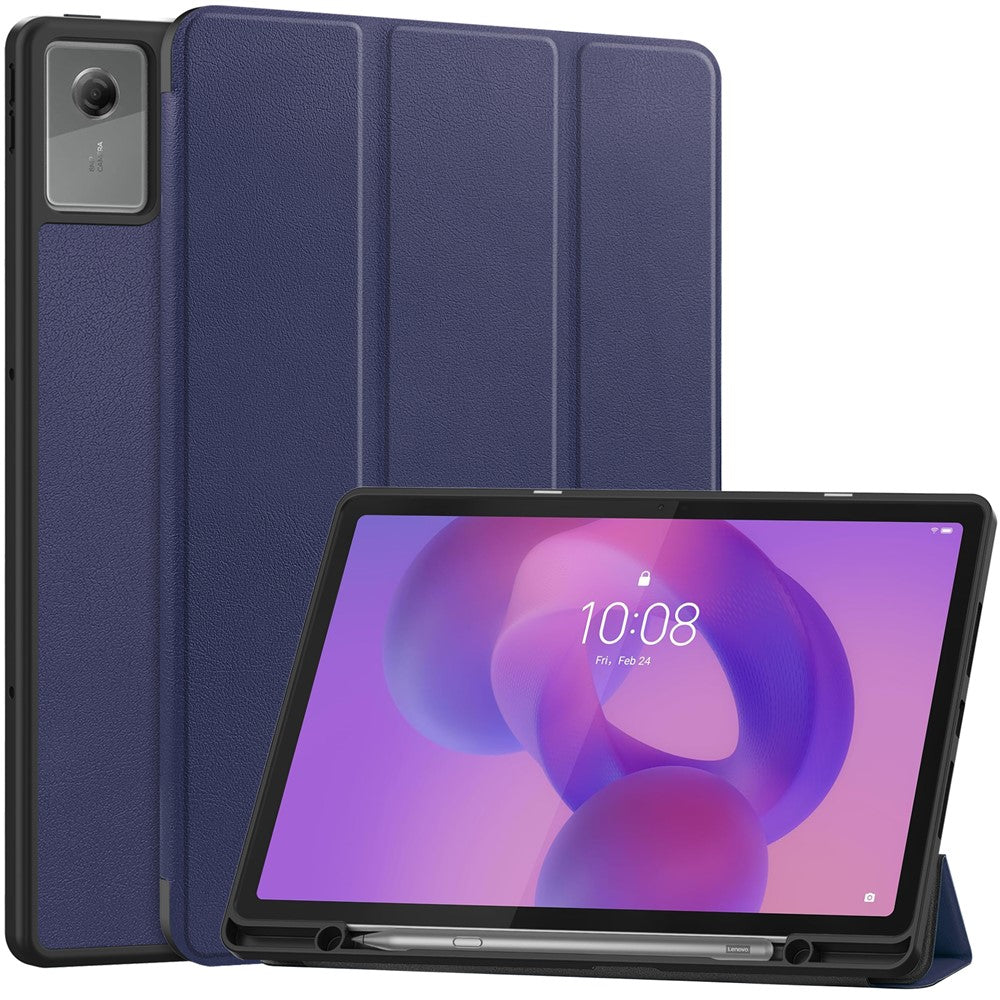 For Lenovo Idea Tab Plus Stand Case Shock-Absorbent Leather Tablet Cover with Pen Slot - Dark Blue