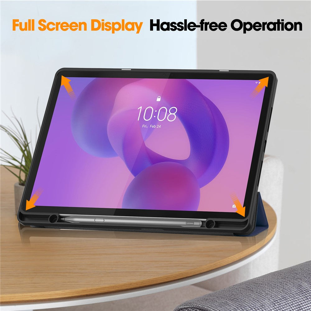 For Lenovo Idea Tab Plus Stand Case Shock-Absorbent Leather Tablet Cover with Pen Slot - Dark Blue