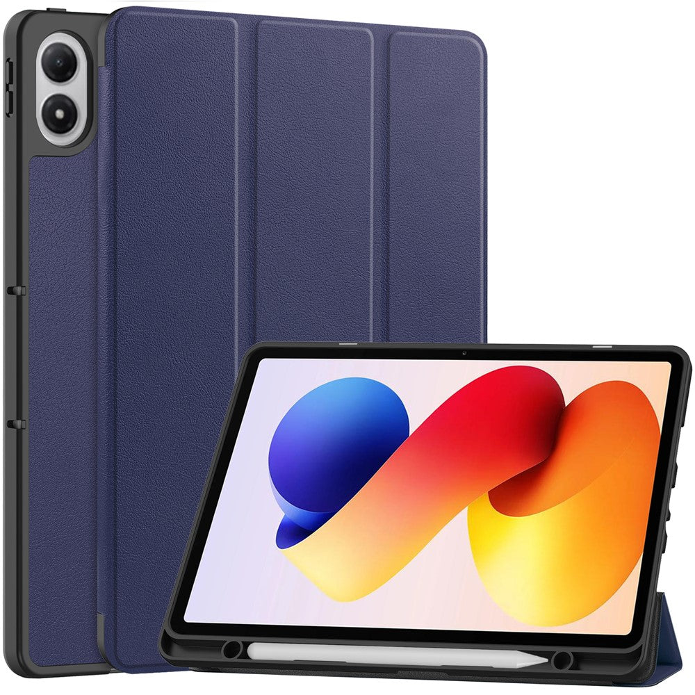 For Xiaomi Poco Pad M1 / Redmi Pad 2 Pro Stand Case Shock-Absorbent Leather Tablet Cover with Pen Slot - Dark Blue