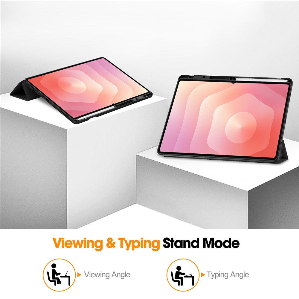 For Samsung Galaxy Tab S11 Ultra Stand Case Shock-Absorbent Leather Tablet Cover with Pen Slot - Black