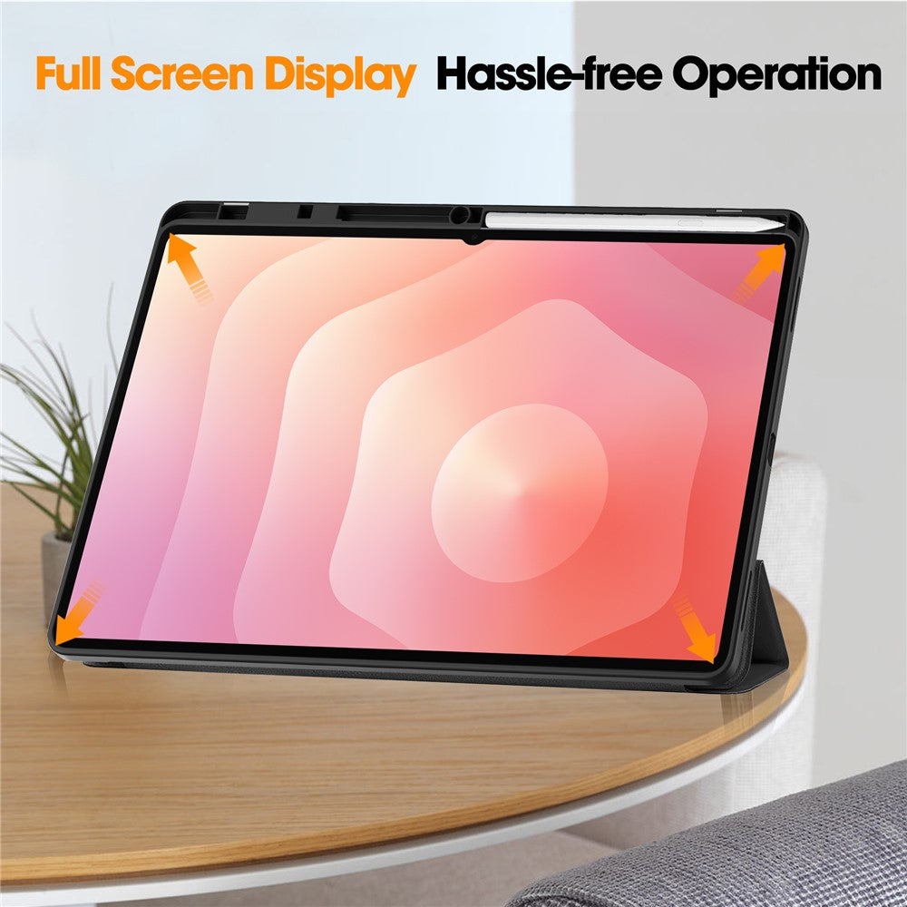 For Samsung Galaxy Tab S11 Ultra Stand Case Shock-Absorbent Leather Tablet Cover with Pen Slot - Black