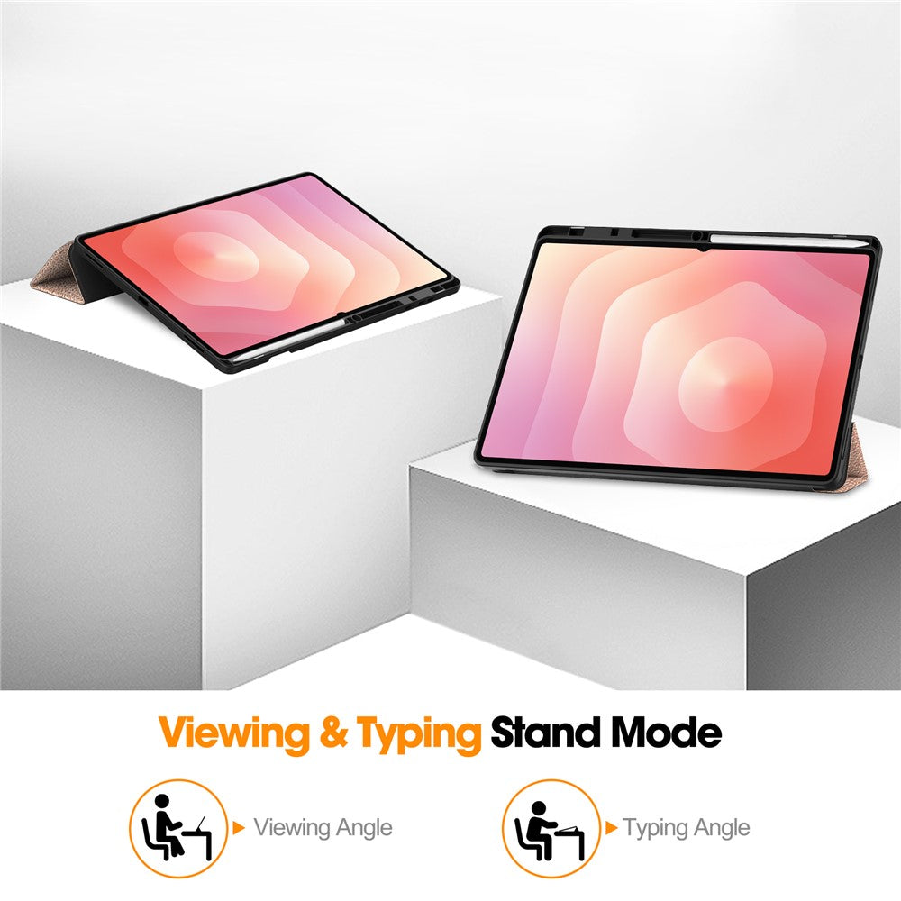 For Samsung Galaxy Tab S11 Ultra Stand Case Shock-Absorbent Leather Tablet Cover with Pen Slot - Rose Gold