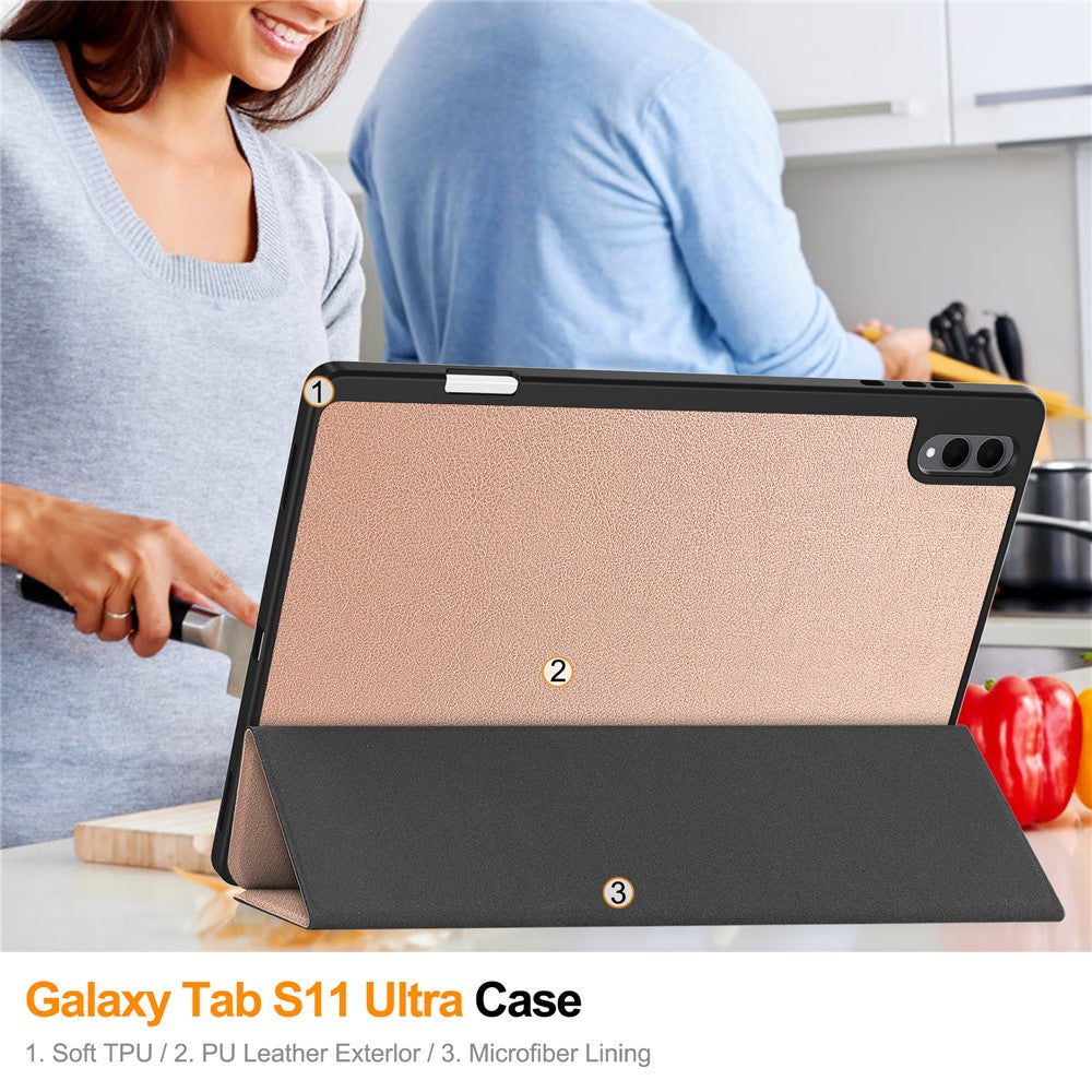 For Samsung Galaxy Tab S11 Ultra Stand Case Shock-Absorbent Leather Tablet Cover with Pen Slot - Rose Gold