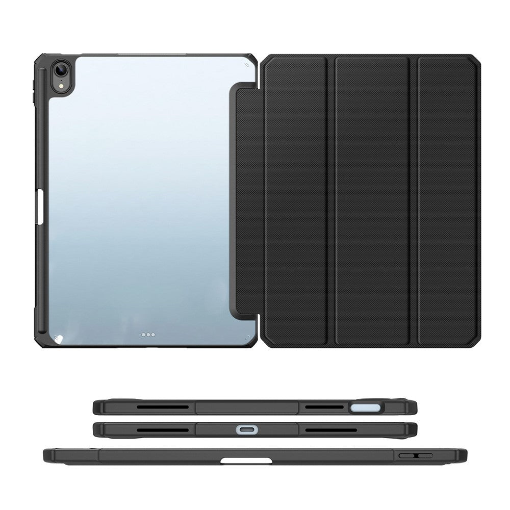 For Apple iPad (2025) / 10.9 (2022) TPU+PC+Leather Case Three-Fold Stand Tablet Cover with Pen Slot - Black