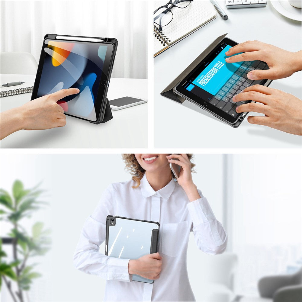 For Apple iPad (2025) / 10.9 (2022) TPU+PC+Leather Case Three-Fold Stand Tablet Cover with Pen Slot - Black