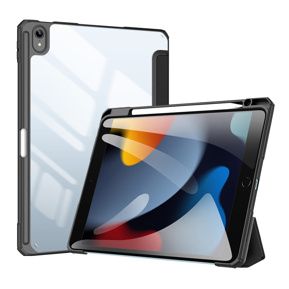 For Apple iPad (2025) / 10.9 (2022) TPU+PC+Leather Case Three-Fold Stand Tablet Cover with Pen Slot - Black