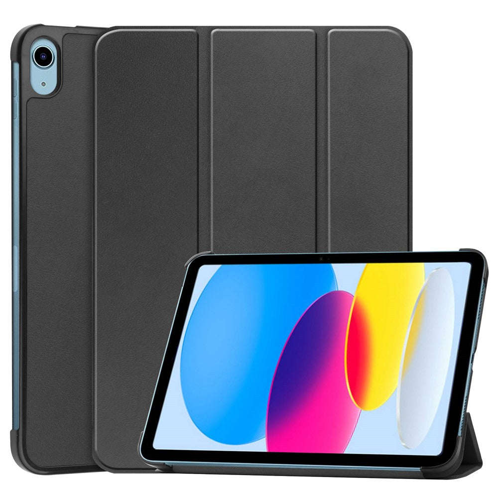 For iPad (2025) / 10.9 (2022) PU Leather Protective Case Tri-Fold Stand Tablet Cover with Auto Wake / Sleep - Black